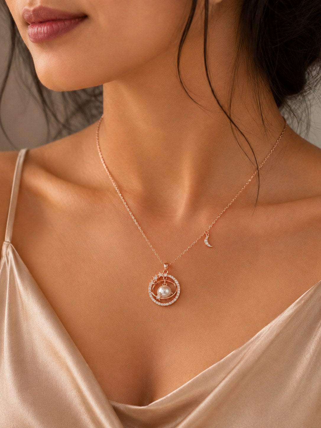 Celestial Pearl Orbit Rose Gold Necklace