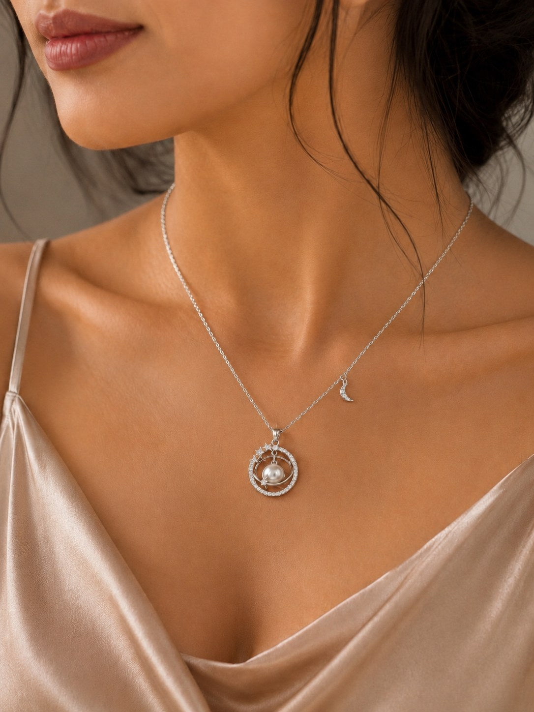 Celestial Pearl Orbit Silver Necklace