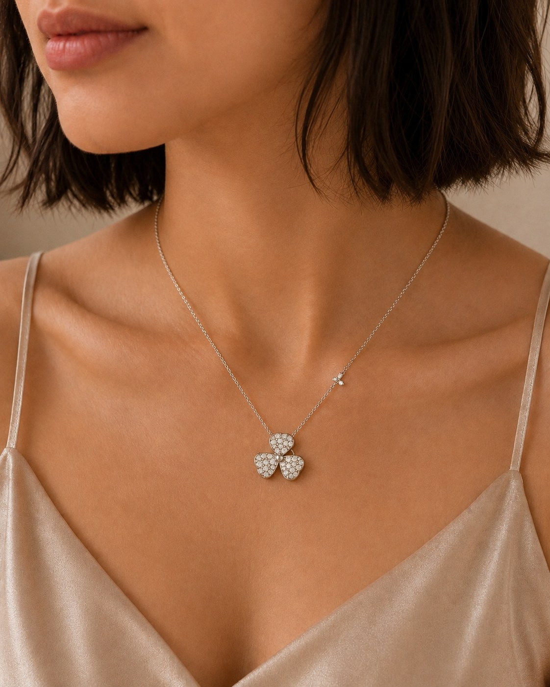 Crystal Clover Bloom Silver Necklace