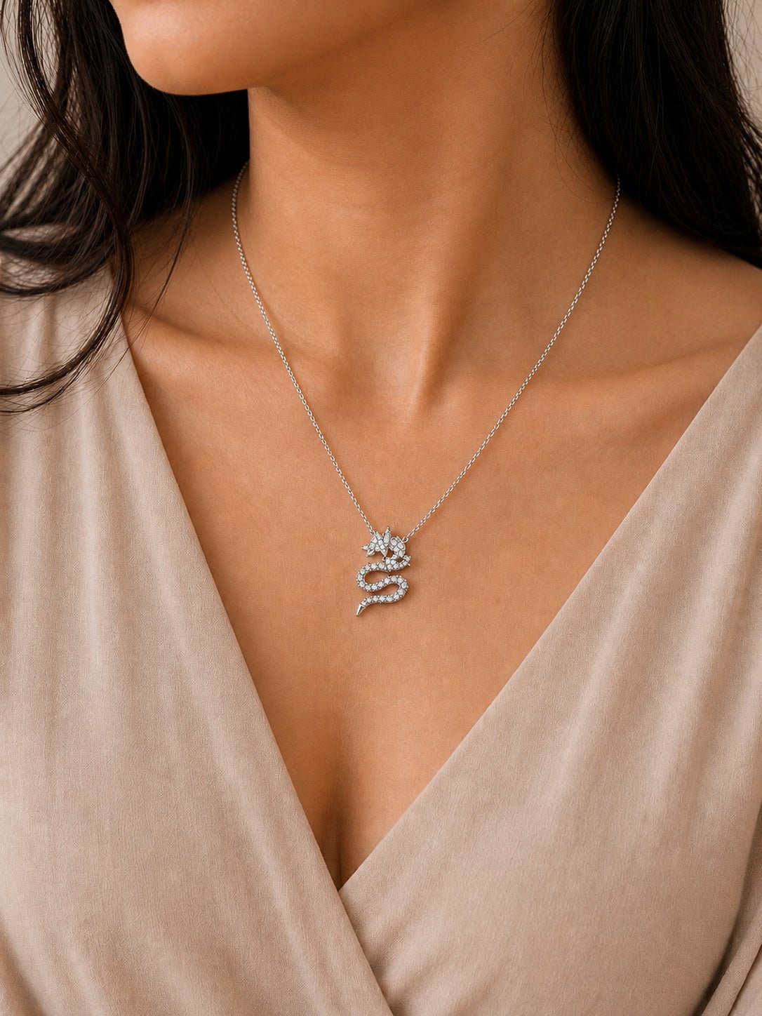 Crystal Dragon Statement Silver Necklace