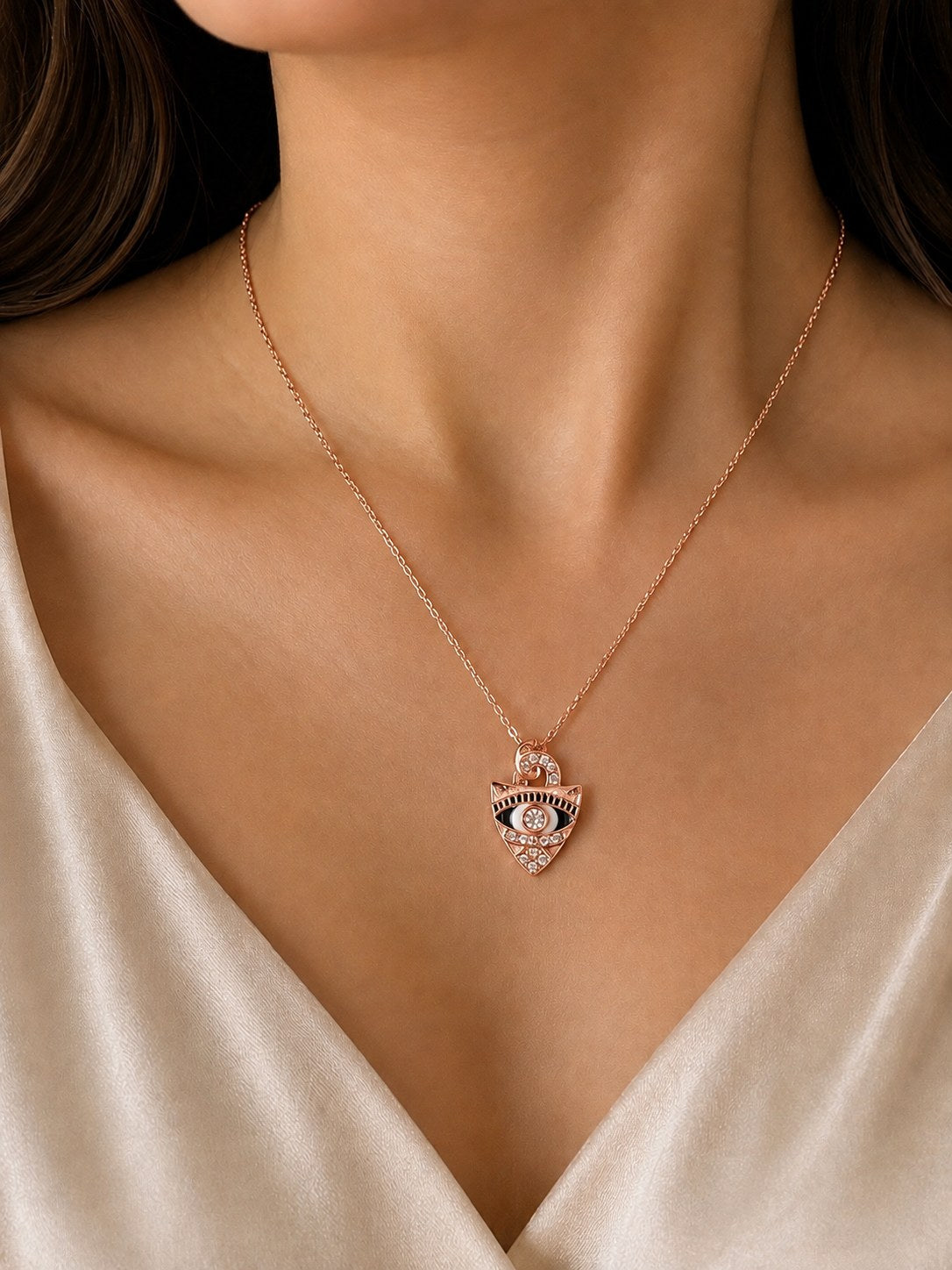 Evil Eye Cat Charm Rose Gold Necklace