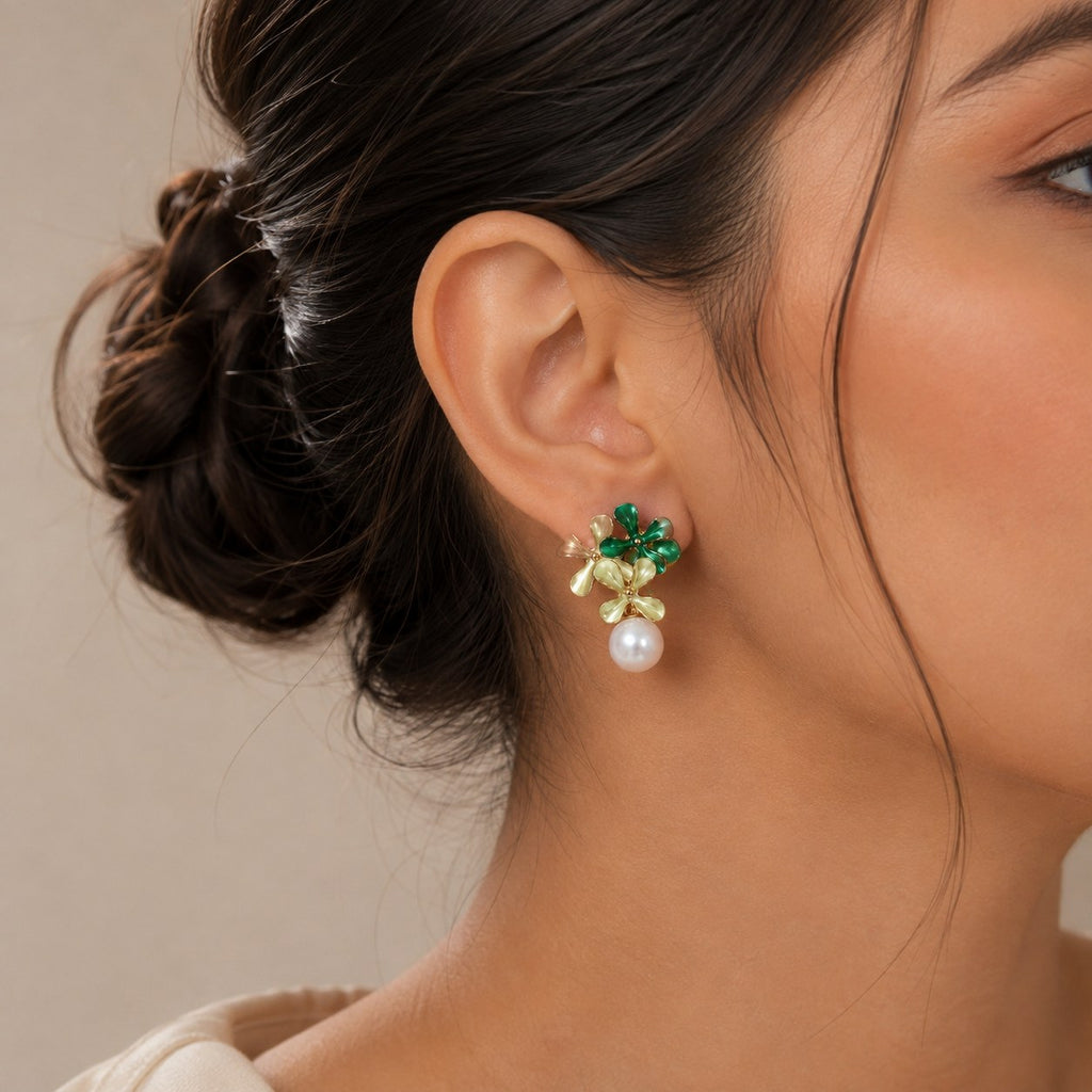 Green Flora Pearl Earrings