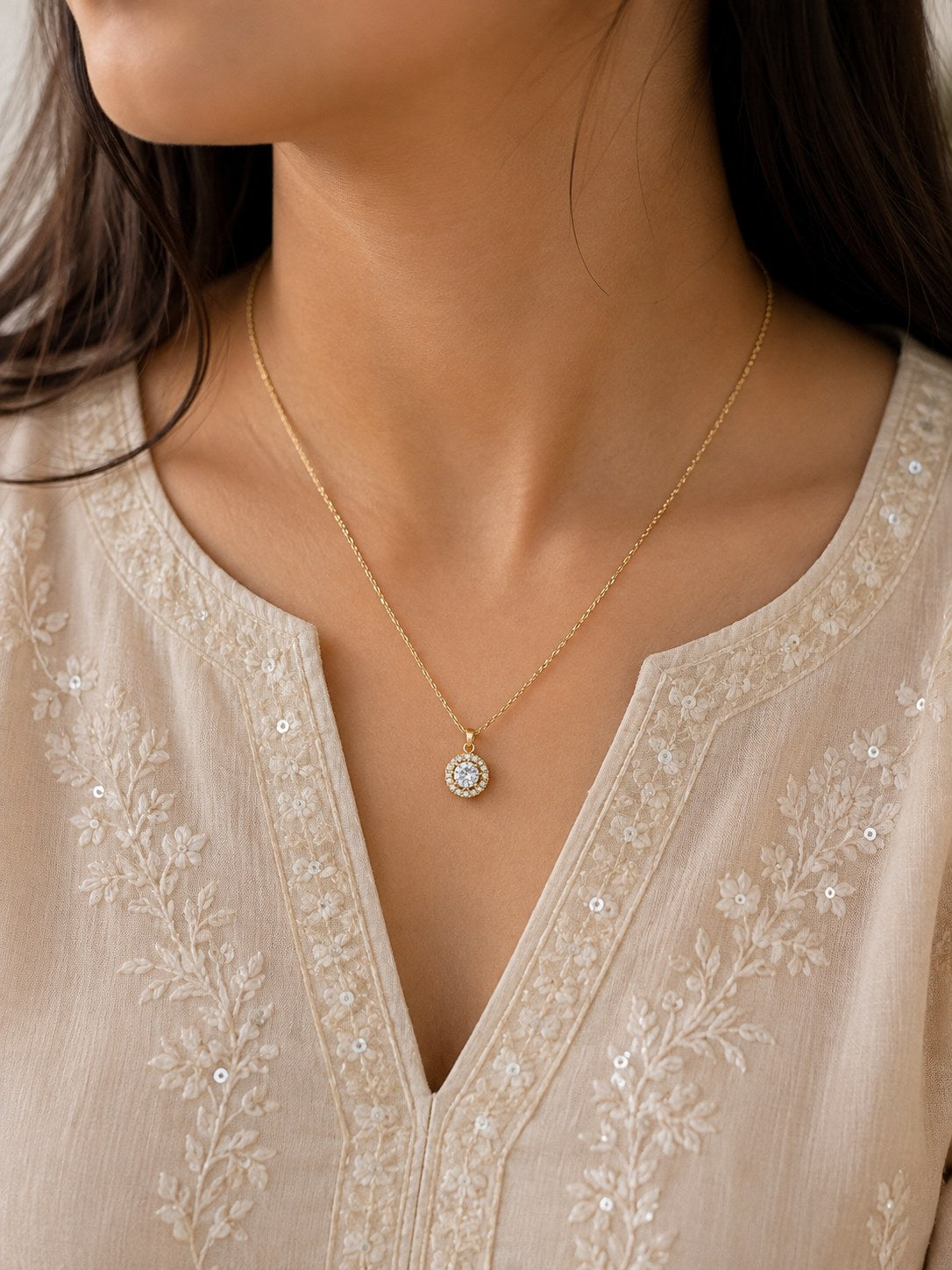 Halo Solitaire Pendant Gold Necklace