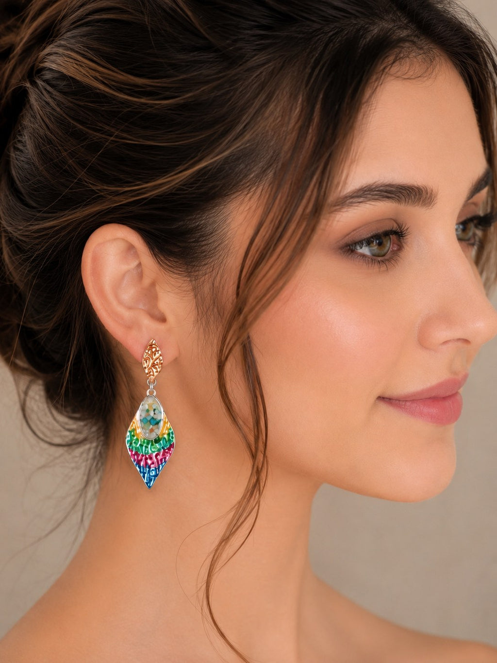 Multi Colour Mosaic Leaf Drop Earrings