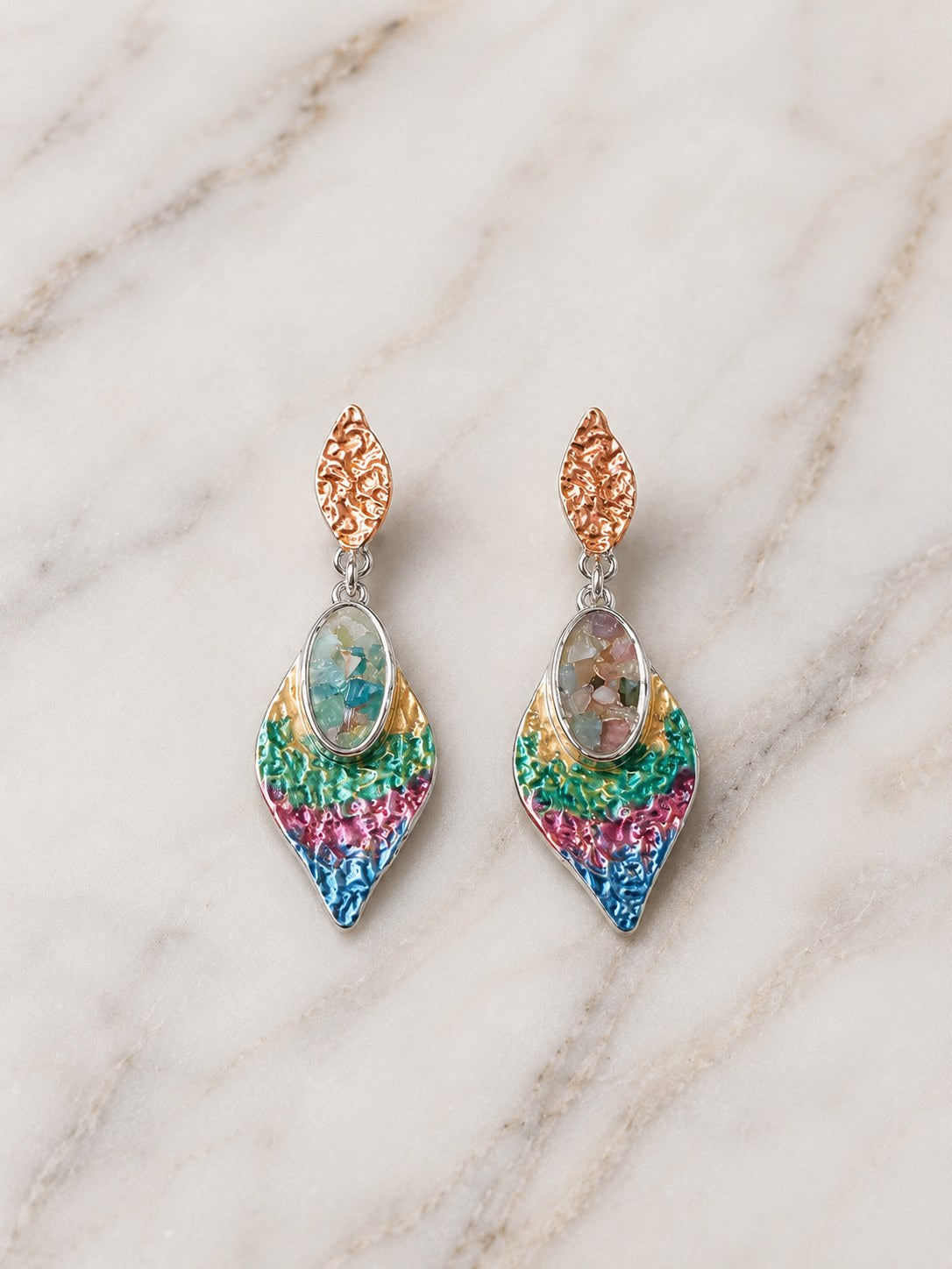 Multi Colour Mosaic Leaf Drop Earrings