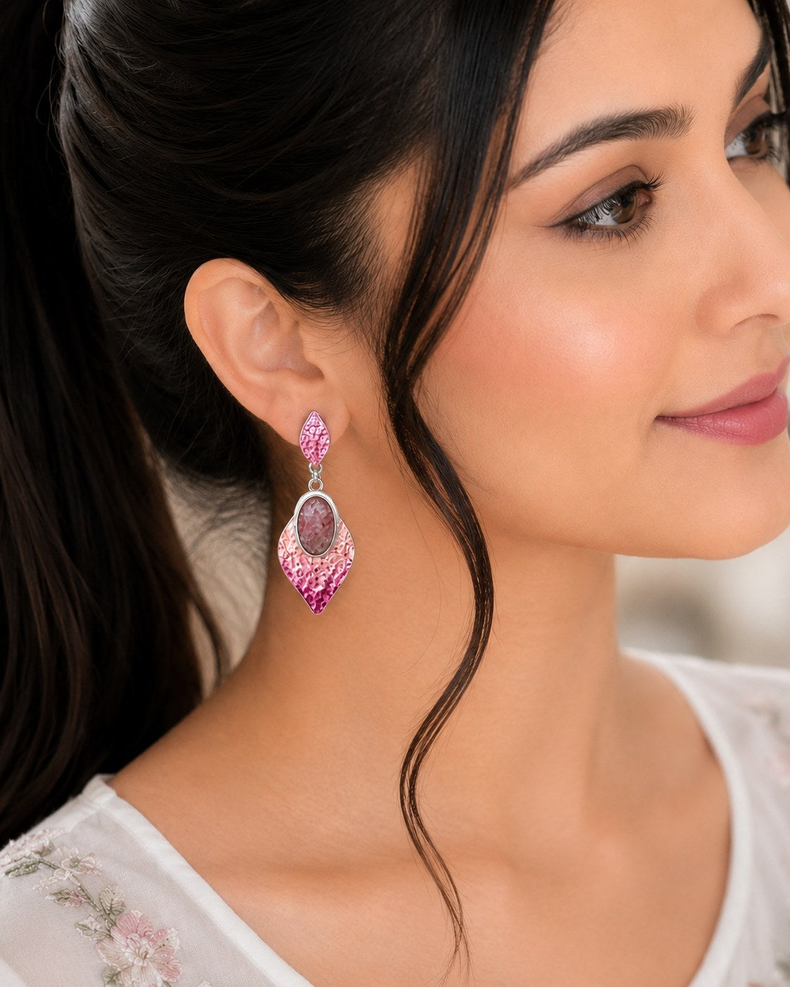 Pink Mosaic Leaf Drop Earrings