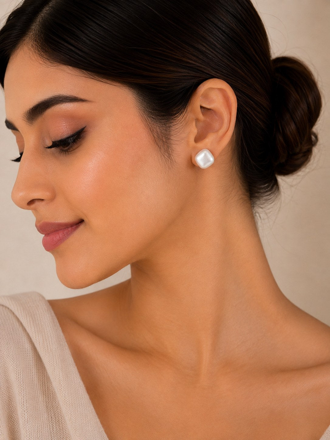 White Cushion Pearl Studs